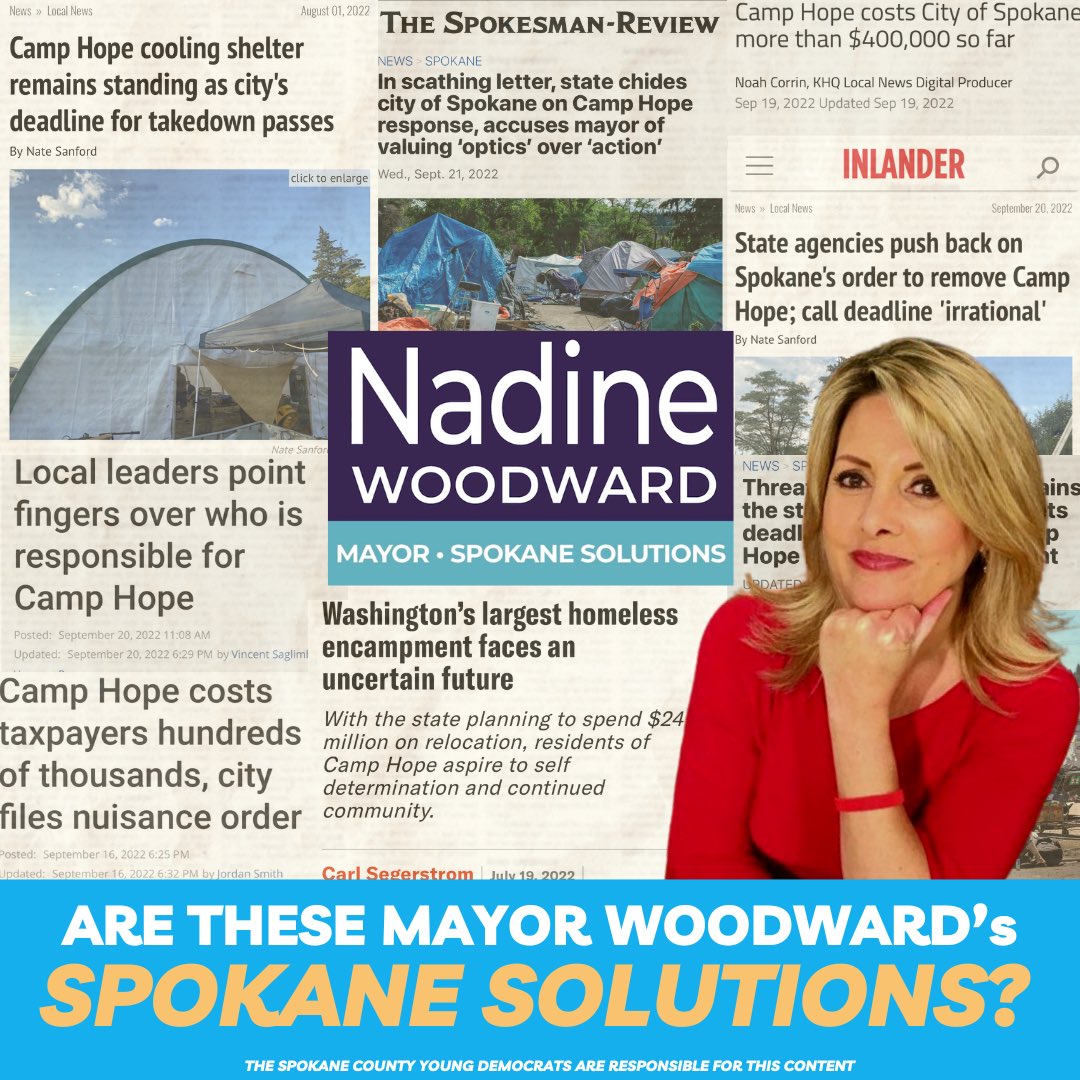 SpokaneYDems's tweet photo. Are these @MayorSpokane Nadine Woodward’s #SpokaneSolutions?
If so, we’ll pass! Make sure you are registered to vote so we can vote in a new Mayor next year!
#Spokane #SpokaneCounty #YoungGetsItDone #WAElex #VoteBlueIn2022 #SpokaneMayor #ForwardNotWoodward #TrumpInPumps https://t.co/1DHhffq3uF