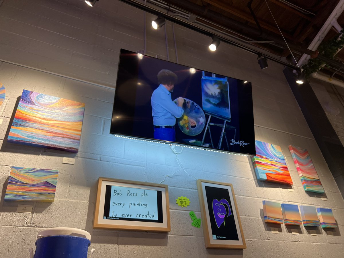 SFancy08's tweet photo. 💕I just don’t believe that “Bob Ross ate every painting he ever created” but I guess if @lqfacts says so…maybe? Love the commitment of the first #seltzery east of the Mississippi is committed to local artists, the past (Bob is on 24/7) and #web3🤝#IRL #cltiscreative 💕 https://t.co/rvco4NUwlw