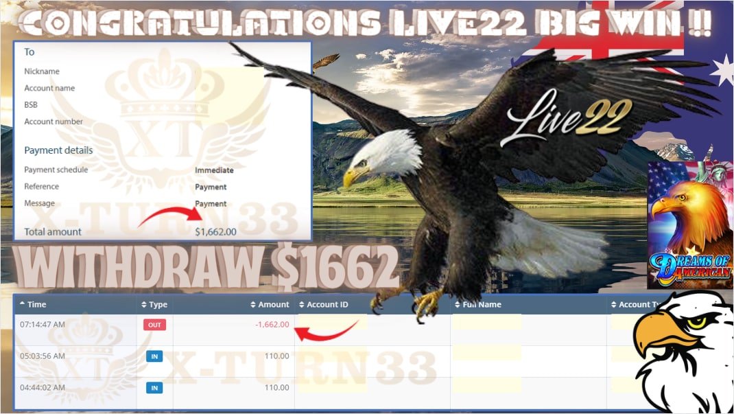 Xturn33's tweet photo. Congratulation To Player Get BIG WIN ❗️❗️❗️

🎮Product : LIVE22
🎰Game Tips : DREAMS OF AMERICAN
💵Withdraw :  AUD 1662

► Player Deposit AUD 100+10%Bonus
► Player Make Withdraw AUD 1662

Lowest Offers In Market  
Low Bonus Low Risk High Return https://t.co/2J3NQVdQse