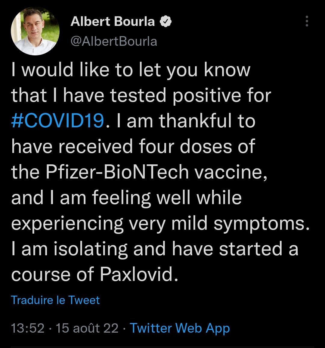 Poulin2012's tweet photo. Albert Bourla, le patron de Pfizer, vacciné 4 doses et traité au paxlovid, choppe le covid tous les mois. 

C’est impressionnant, Pfizer. 

Vraiment super. https://t.co/PAkKLNo3sY
