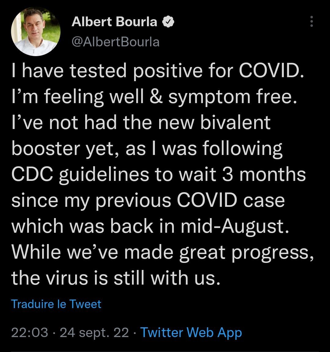 Poulin2012's tweet photo. Albert Bourla, le patron de Pfizer, vacciné 4 doses et traité au paxlovid, choppe le covid tous les mois. 

C’est impressionnant, Pfizer. 

Vraiment super. https://t.co/PAkKLNo3sY