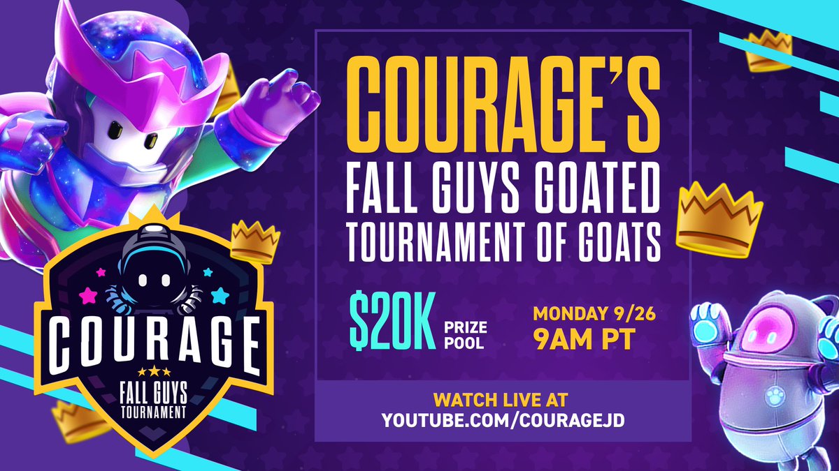 CouRageJD's tweet image. The $20,000 Fall Guys Tournament of GOATs officially has 60 players.

They total 350,000+ Crowns👑

It is going to be INSANITY. 9 AM PT on my stream on Monday!