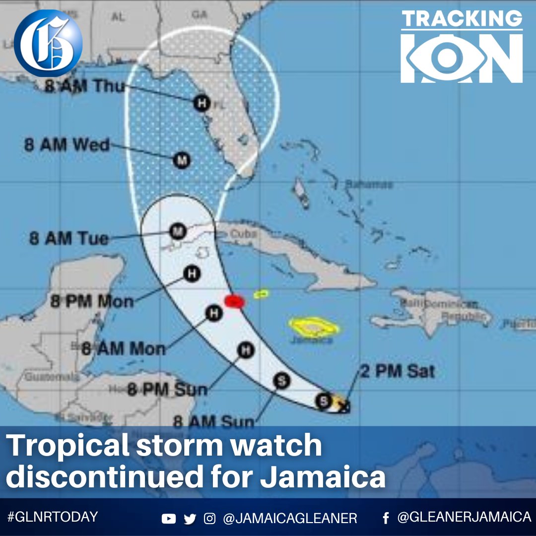 JamaicaGleaner's tweet photo. The tropical storm watch for Jamaica has been discontinued. The Met Service says conditions associated with a tropical storm are no longer expected to impact the island as Tropical Storm Ian has been moving farther away from Jamaica's southern coastline. #TrackingIan #GLNRToday https://t.co/JxJQrMf2gc
