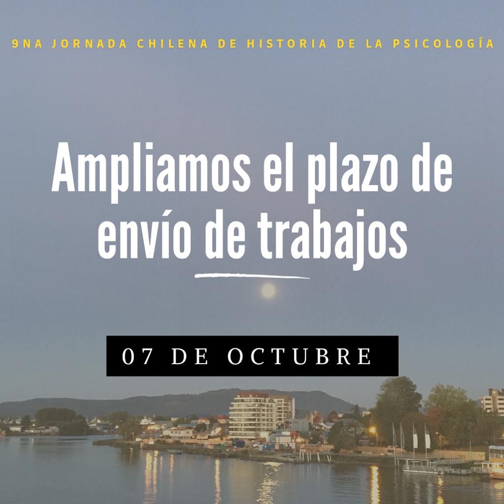 [EVENTO] O prazo para envio de trabalhos para apresentação na 9ª Jornada Chilena de Historia de la Psicología foi prorrogado até o dia 7 de outubro! O evento ocorrerá nos dias 10 e 11 de novembro, em Valdivia (Chile). Acesse mais informações: historiapsivaldivia.wordpress.com/inscripciones/