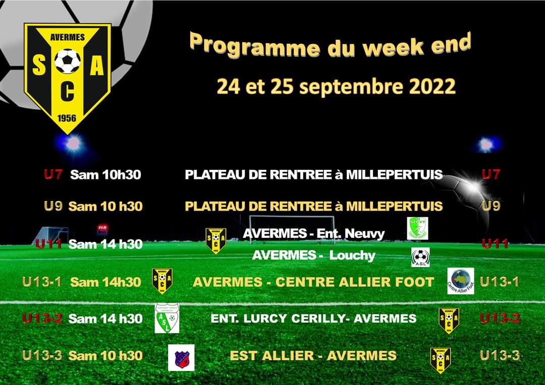 SCAvermes's tweet photo. ➖[Programme du Week-end]➖

#football #SCAfoot03 #SCAvermes 
#DistrictAllier #championnat #AllezleSCA💛🖤 https://t.co/zvhwk7AKyu
