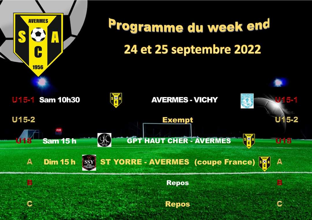 SCAvermes's tweet photo. ➖[Programme du Week-end]➖

#football #SCAfoot03 #SCAvermes 
#DistrictAllier #championnat #AllezleSCA💛🖤 https://t.co/zvhwk7AKyu