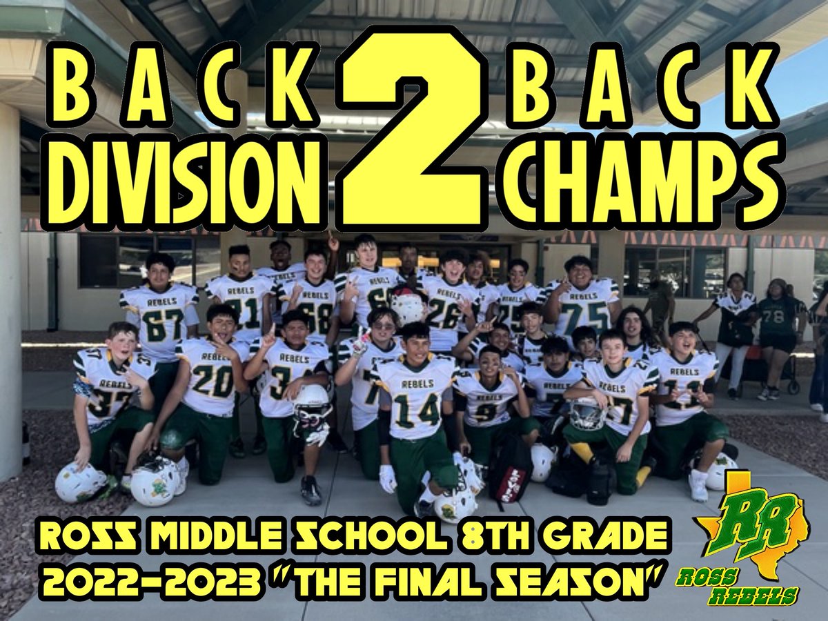 Roman Hamidan (@romanhamidan) on Twitter photo Congratulations to our 8th FB team! Last year they were div 1 champs and this year they had an undefeated Div 2 season & repeat as champs! We'll be playing GEMS next Sat at <a href="/Burges_Mustangs/">Burges_Mustangs</a> HS in a crossover game.
#rebelfootballfamily #PassionIgnitesPurpose #divisionchamps Congratulations to our 8th FB team! Last year they were div 1 champs and this year they had an undefeated Div 2 season & repeat as champs! We'll be playing GEMS next Sat at <a href="/Burges_Mustangs/">Burges_Mustangs</a> HS in a crossover game.
#rebelfootballfamily #PassionIgnitesPurpose #divisionchamps