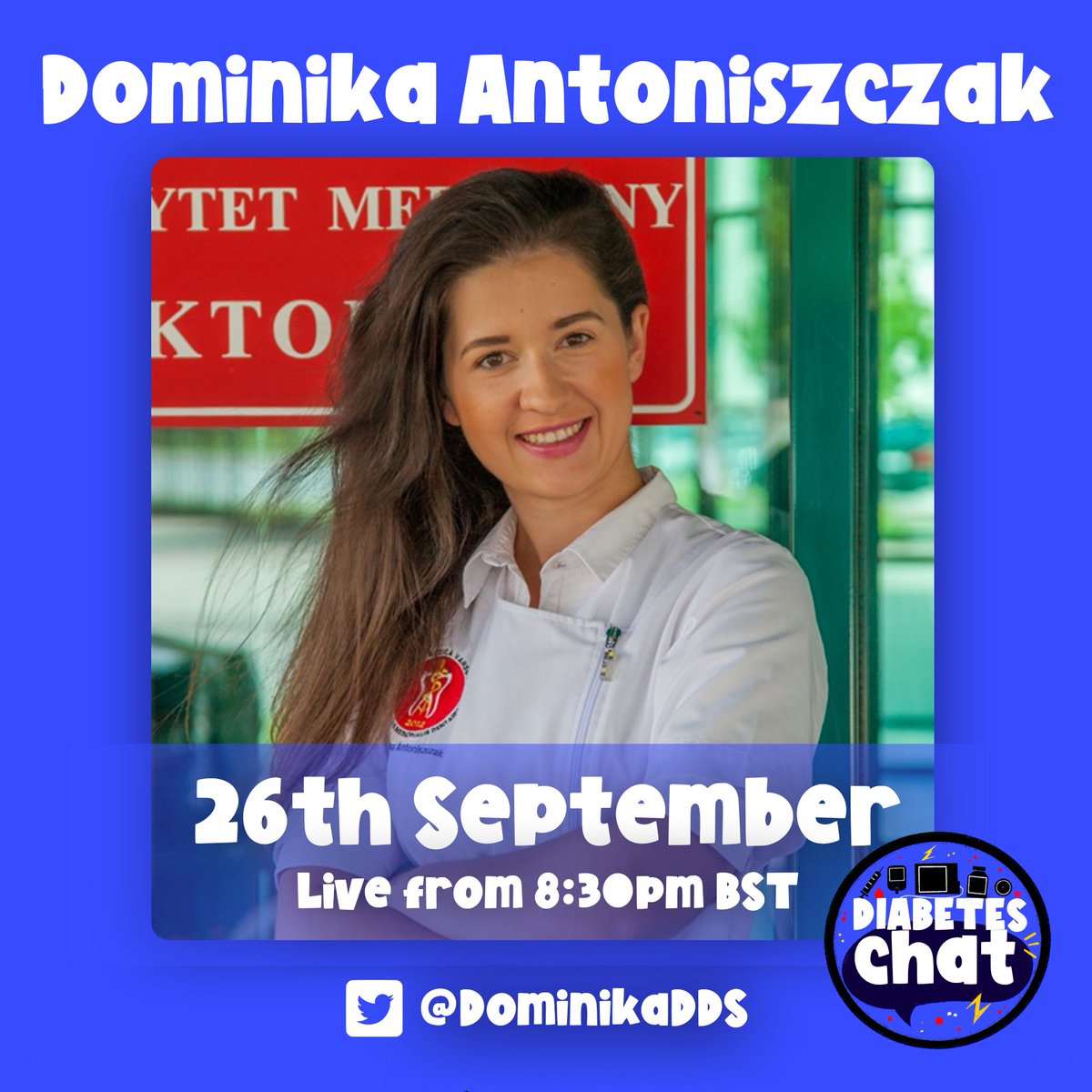 Come join our next #diabeteschat:
🗓️ Monday 26th Sep
⏰ 8pm-11pm BST

🗣️ This week our guest speaker (from 8:30pm) is <a href="/DominikaDDS/">Dominika Antoniszczak</a> &amp; we'll be talking about:
💙 Her diabetes diagnosis &amp; journey
💙 Oral health and diabetes
💙 #duckfiabetes 
+lots more 

🎧 x.com/i/spaces/1OwxW…