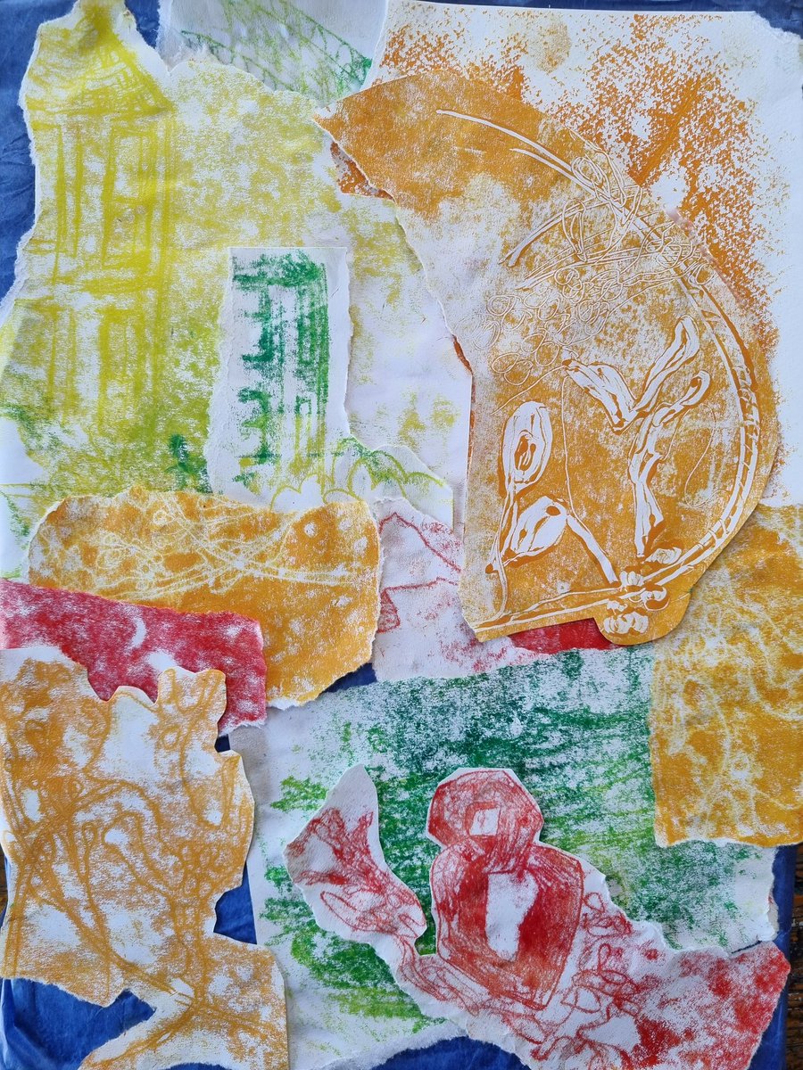 I had such a nice morning on our monthly sketchbook walk that I used the images to do a bur of printmaking this afternoon.  Monotypes, collaged up ready for some ink drawing at some stage.