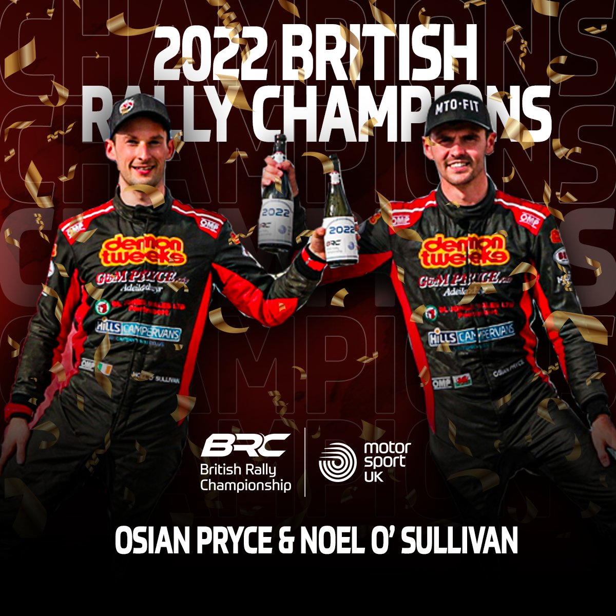 BRCrally's tweet photo. This is your day... this is your year! 🍾

Congratulations @OsianPryce and @Noelsull1 on securing the 2022 British Rally Championship🏆 

🥇 - @corbeaurally 
🥇 - @NGStages 
🥈 - @GrampianStages 
🥇 - @Rali_Ceredigion 
🥇 - @rallyyorkshire 

Some season boys 👏

#BRC https://t.co/MQ6wTk6TPq