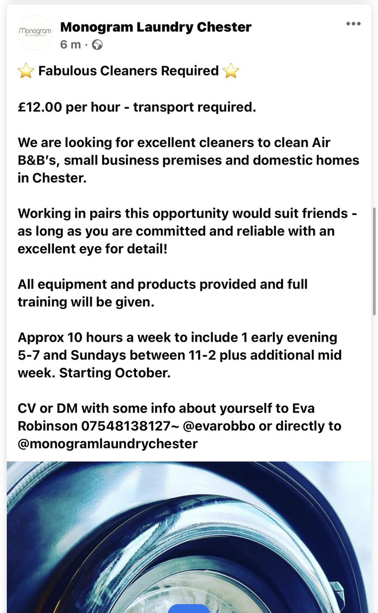 ⭐️ Fabulous Cleaning Teams Required⭐️ #chester £12 per hour ~ regular work with all products & equipment provided. You will be cleaning Air B&B’s & homes. Sundays between 11-2 should be expected as this is a busy time. DM for more info. @ShitChester @NowChester @ipedalcargo