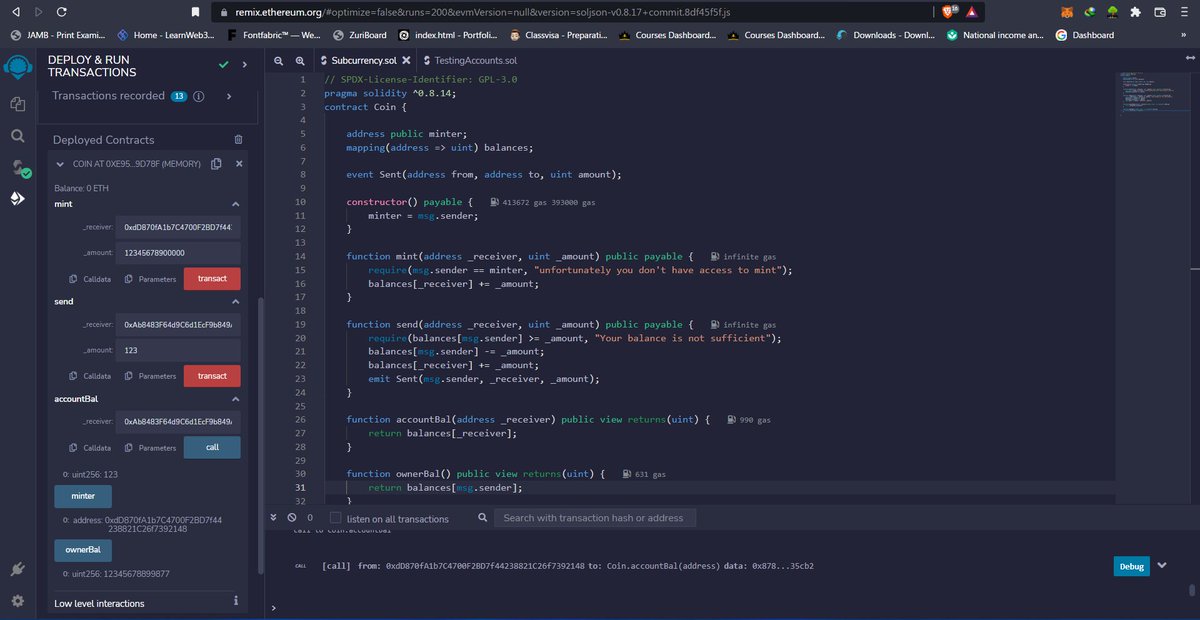 0xGideonBature's tweet photo. specified address. And Finally two other functions which is, one that returns the balance of the receiver and the other the balance of the sender. Thank you @web3_learn and @AnambraTechies
#BLOCKCHAIN #smartcontract #web3 #solidity #coin #tokens #erc20 #miniCoin https://t.co/YJfvSbjRHf