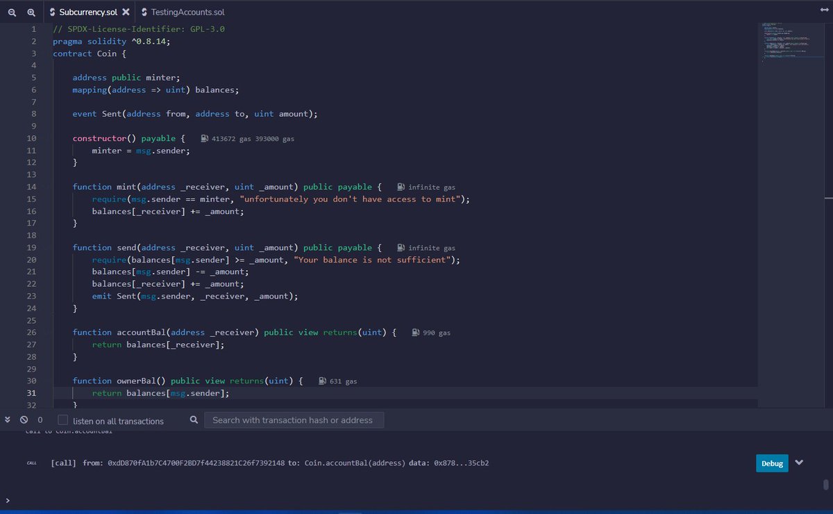 0xGideonBature's tweet photo. specified address. And Finally two other functions which is, one that returns the balance of the receiver and the other the balance of the sender. Thank you @web3_learn and @AnambraTechies
#BLOCKCHAIN #smartcontract #web3 #solidity #coin #tokens #erc20 #miniCoin https://t.co/YJfvSbjRHf