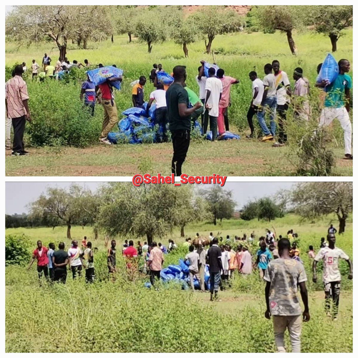 Sahel_Security's tweet photo. #Burkina #Sahel #Yagha:
Les axes routiers etant sous contrÎles reguliers des groupes "#djihadistes", l'armée #Burkinabé avec le #support de l'armée #Française (#Batkhane) ont largué par avion (#parachutes) ce 24/09, des vivres (notamment des sacs de riz - #CONASUR) à #Solhan. https://t.co/2JscPnVhGu