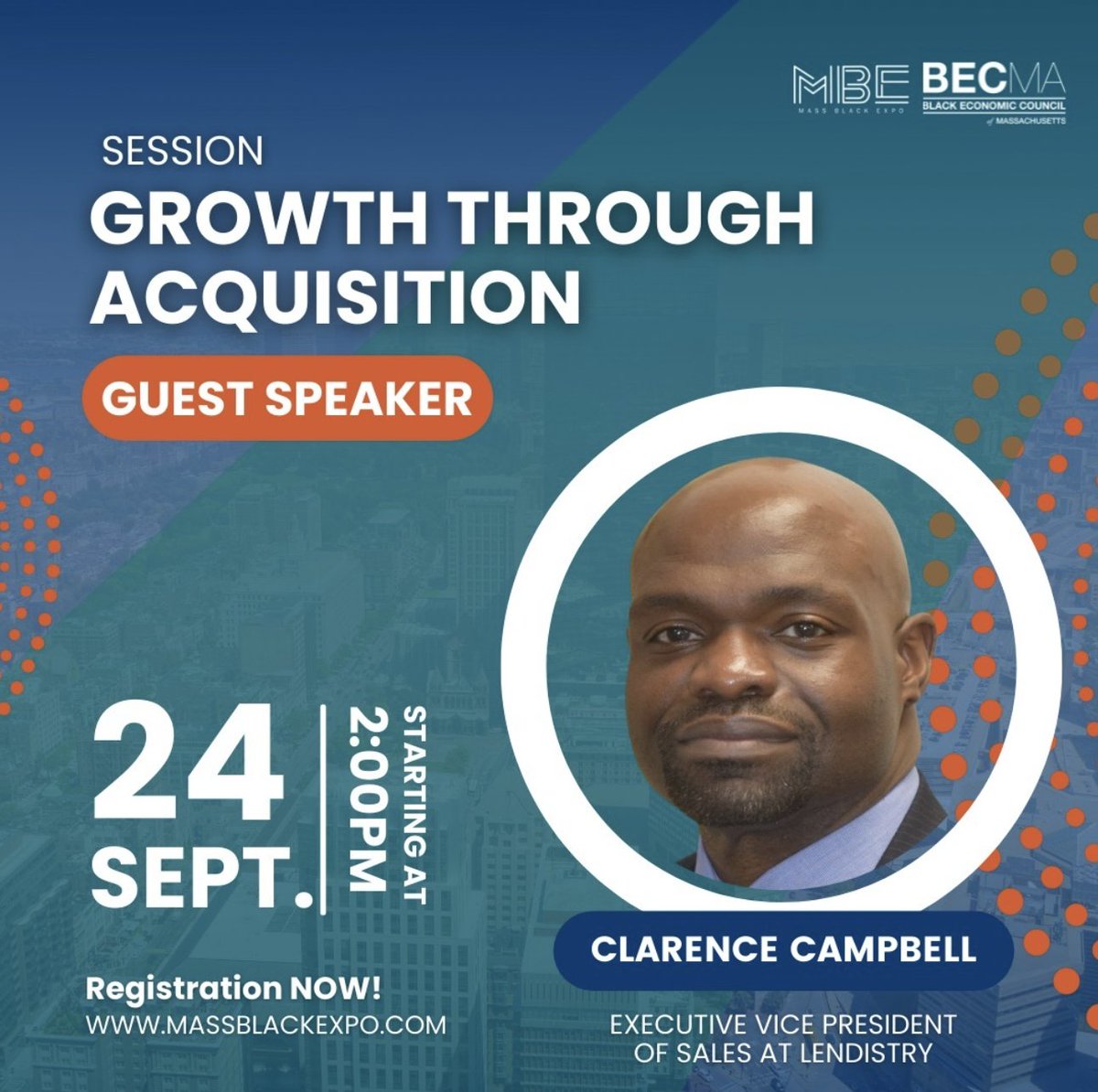BECMAinc's tweet photo. Tune into our last session of the day, Growth through Acquisition, with Clarence Campbell of @lendistry, at 2 PM!
#mbe #mbe22 #massblackexpo
📍 https://t.co/yG602SSAkl https://t.co/g8D8CU7NIC