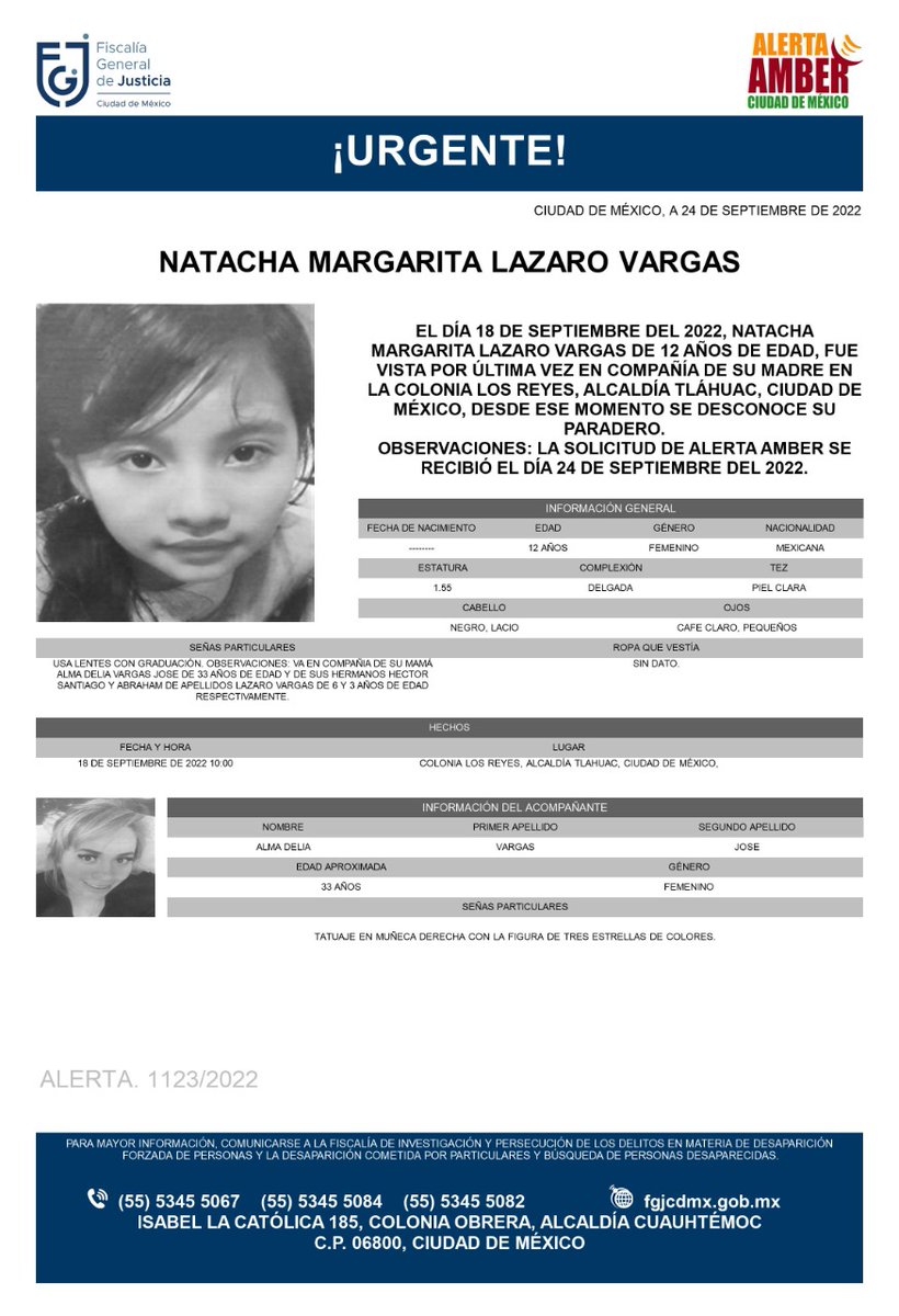 FiscaliaCDMX's tweet photo. Se activa #AlertaAmber para localizar a una menor de 12 años de edad, de nombre Natacha Margarita Lázaro Vargas, fue vista por última vez el día 18 de septiembre de 2022 en la colonia Los Reyes, alcaldía Tláhuac https://t.co/ESWd64cDEB