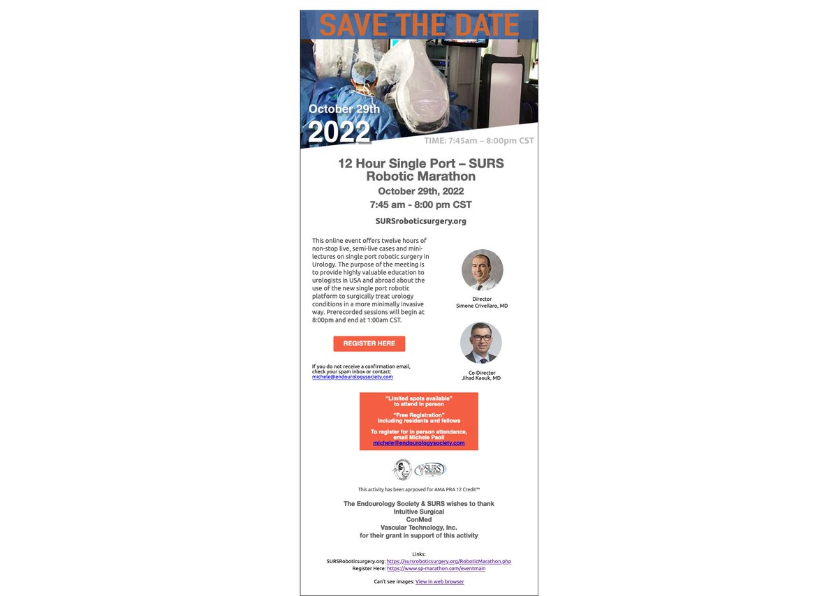 Simone Crivellaro (@simonecrivella2) on Twitter photo Honored to be hosting at #UIC the 3rd #SPmarathon on October 29th. 12 + hours of #SP surgeries and in-person part. Register at sp-marathon.com/eventmain and email michele@endourologysociety.com for the in person hands-on part.<a href="/drjkaouk/">Dr. J. Kaouk</a> <a href="/NYCRoboticTeam/">Ketan K. Badani MD</a> <a href="/RoboticsUrology/">Mutahar Ahmed</a> <a href="/SocietySURS/">Society of Urologic Robotic Surgeons (SURS)</a> Honored to be hosting at #UIC the 3rd #SPmarathon on October 29th. 12 + hours of #SP surgeries and in-person part. Register at sp-marathon.com/eventmain and email michele@endourologysociety.com for the in person hands-on part.<a href="/drjkaouk/">Dr. J. Kaouk</a> <a href="/NYCRoboticTeam/">Ketan K. Badani MD</a> <a href="/RoboticsUrology/">Mutahar Ahmed</a> <a href="/SocietySURS/">Society of Urologic Robotic Surgeons (SURS)</a>