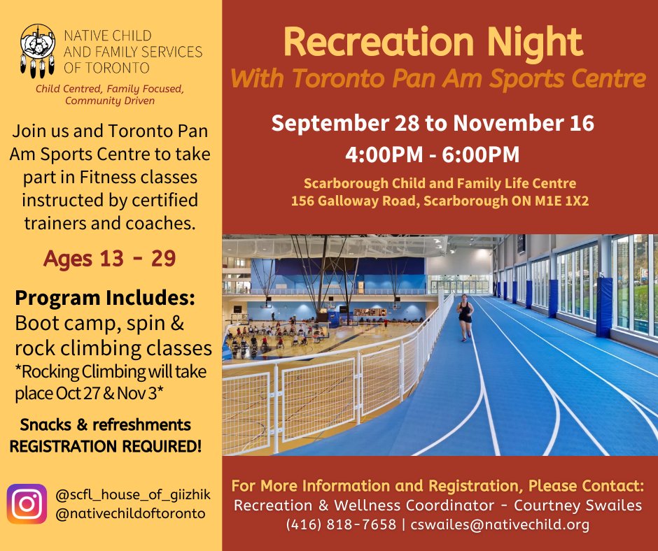 NCFST's tweet photo. Youth 13-29 are welcomed to join the #SCFLC and Toronto Pan Am Sports Centre to take part in Fitness classes.
Sept 28 to Nov 16 from 4 - 6PM
For more info and to register, contact Courtney: cswailes@nativechild.org
#NCFST
#SCFLC
#IndigenousYouth https://t.co/DPbADflizb