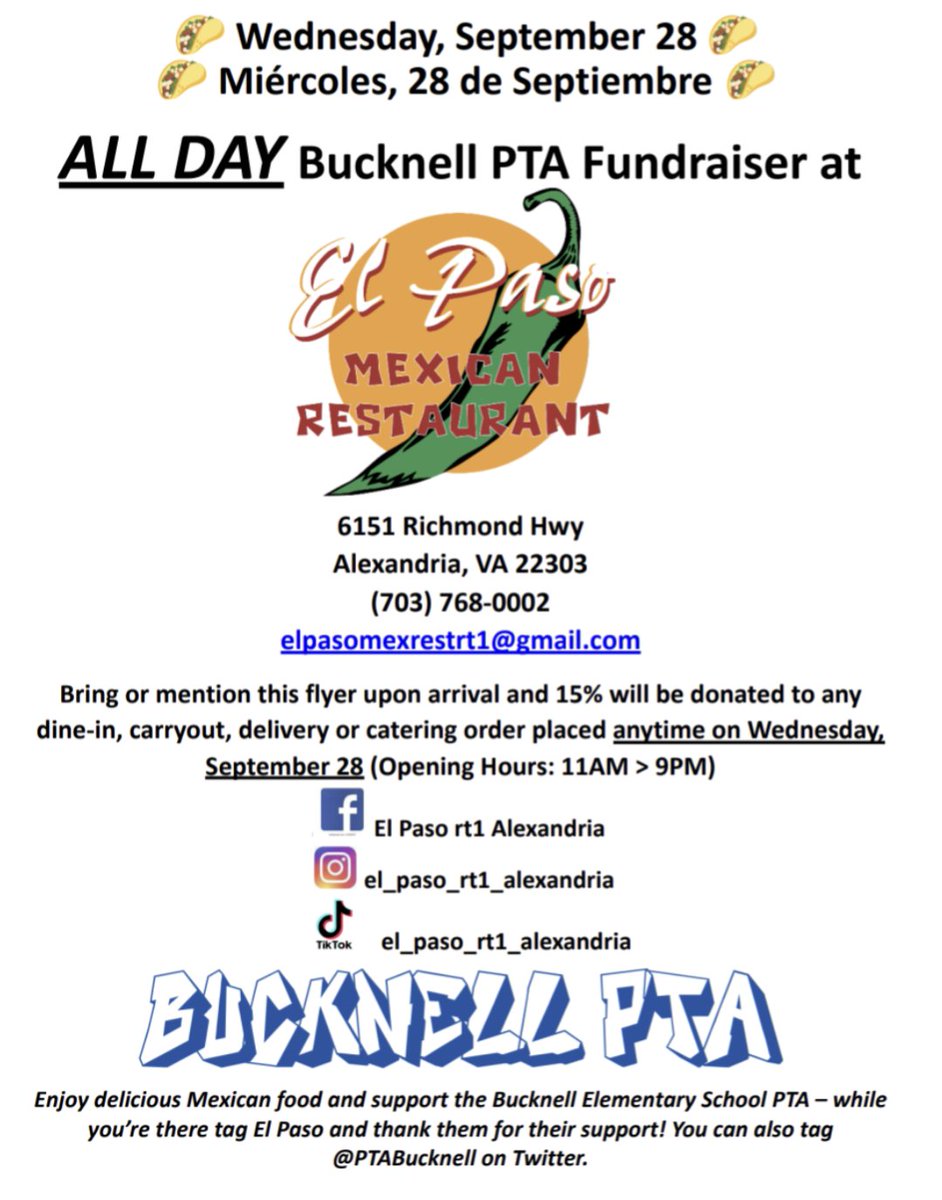 Next Wednesday, 9/28, support <a href="/BucknellElem/">Bucknell Elementary</a> by stopping by El Paso Rt. 1/Quander! 🌶️ We will receive 15% back on all orders who mention <a href="/PTABucknell/">Bucknell Elementary PTA</a>... ALL. DAY. It's taco time! 🌮🌮 <a href="/theWPboard/">West Potomac HS (we/they/them)</a> <a href="/sandburg_ms_pta/">Carl Sandburg Middle School</a> @WestPotomacPTSA <a href="/fccpta/">FCCPTA</a> #BucknellStrong 💙🤍