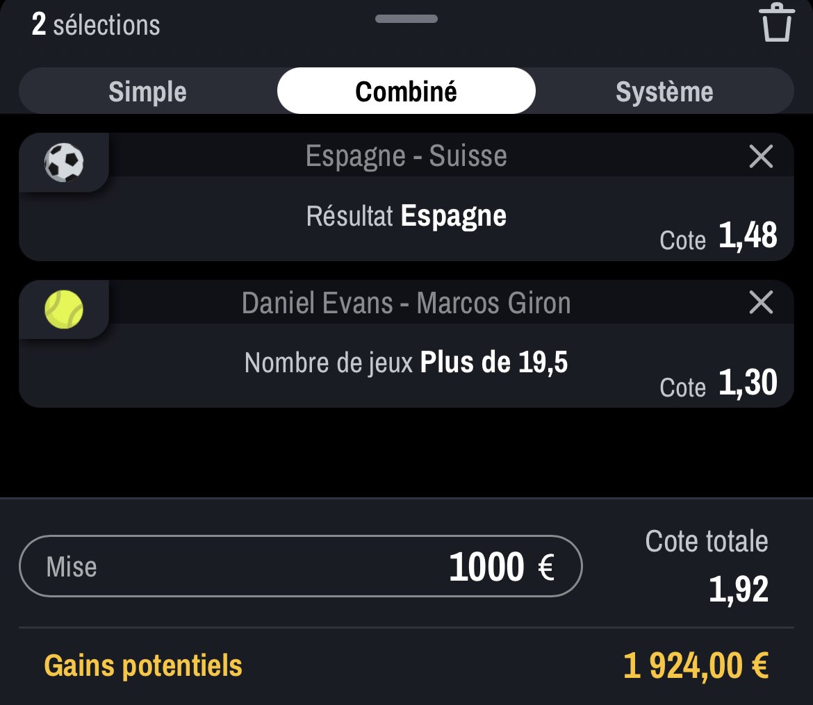 DURACUIRBET's tweet photo. SAFE 📊 

🎰⚽️ Victoire de l’Espagne vs Suisse
🎰🎾 Evans - Giron + de 19,5 jeux
Côte 1,92@

Mauvaise journée mais on ce rattrape sur un SAFE 95% de confiance 
#ParionsSport #TeamProno #TeamParieur https://t.co/1sclbsjtMx