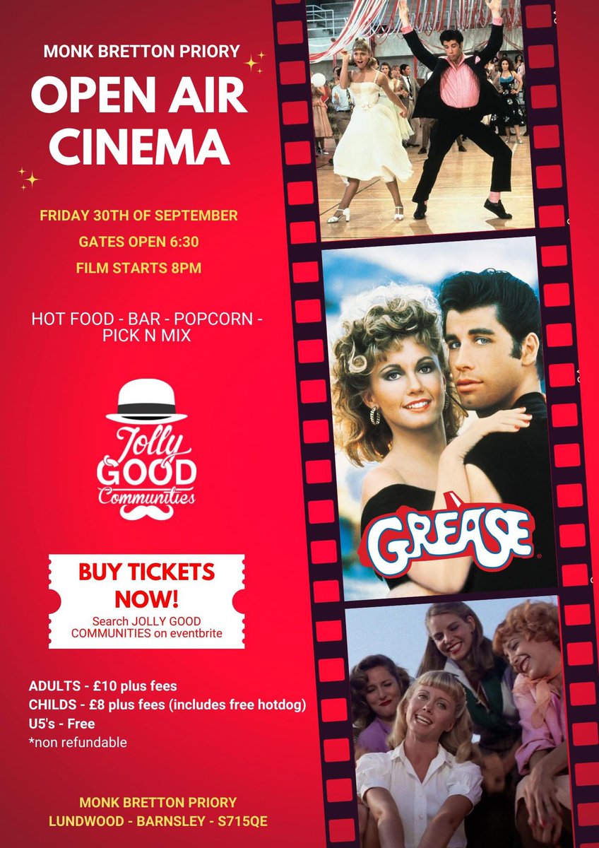 Grease open air cinema at Monk Bretton Priory this Friday. Tickets available on the door or online via the link below: eventbrite.co.uk/e/grease-open-… #monkbrettonpriory #jollygoodevents #fundraiser