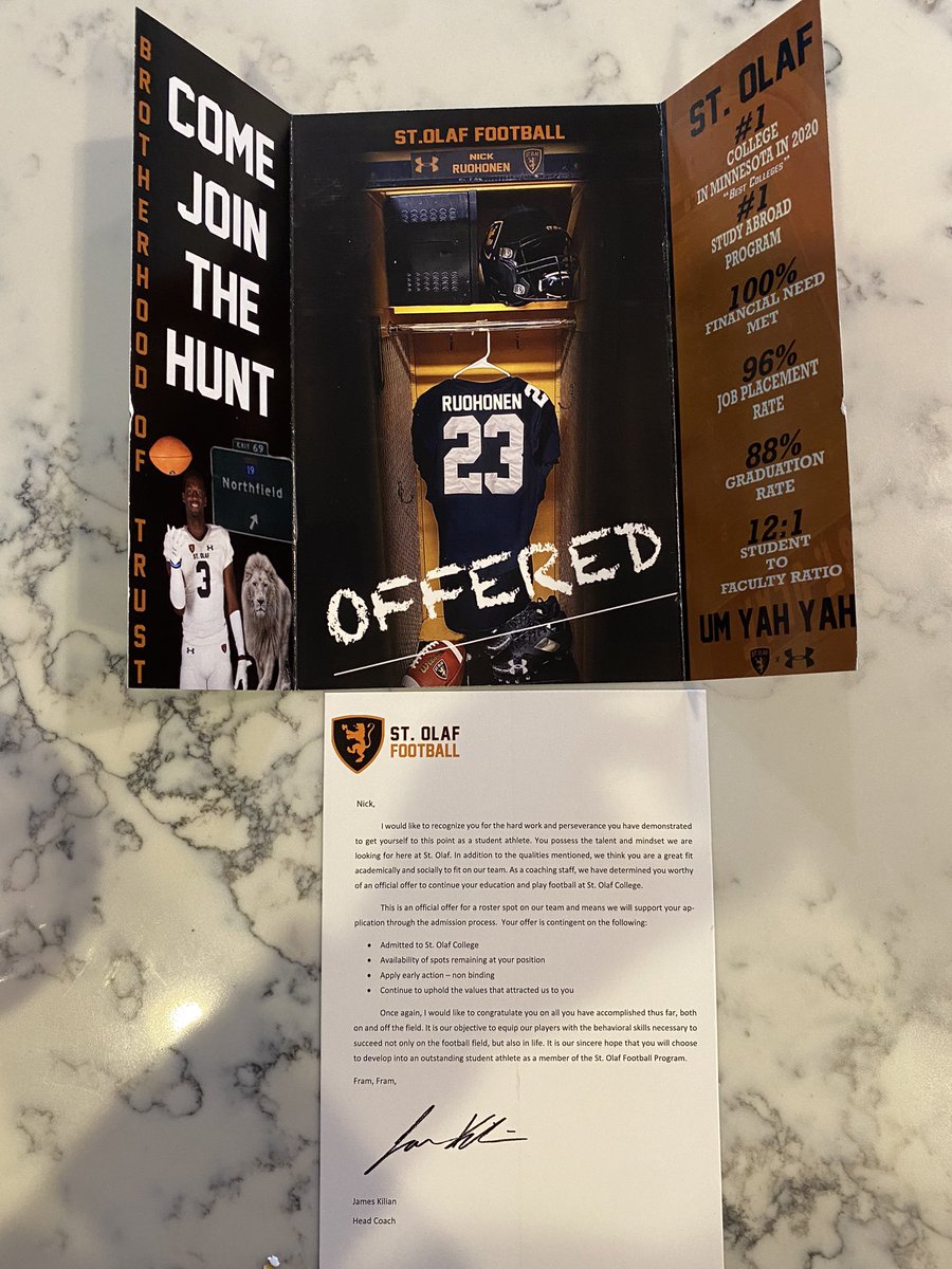 Happy to announce I have received another offer from <a href="/StOlafFB/">St. Olaf Football</a>!! Thanks <a href="/JamesKilian/">James Kilian</a> and <a href="/Coach_MPaulson/">Matthew Paulson</a> for this opportunity!!