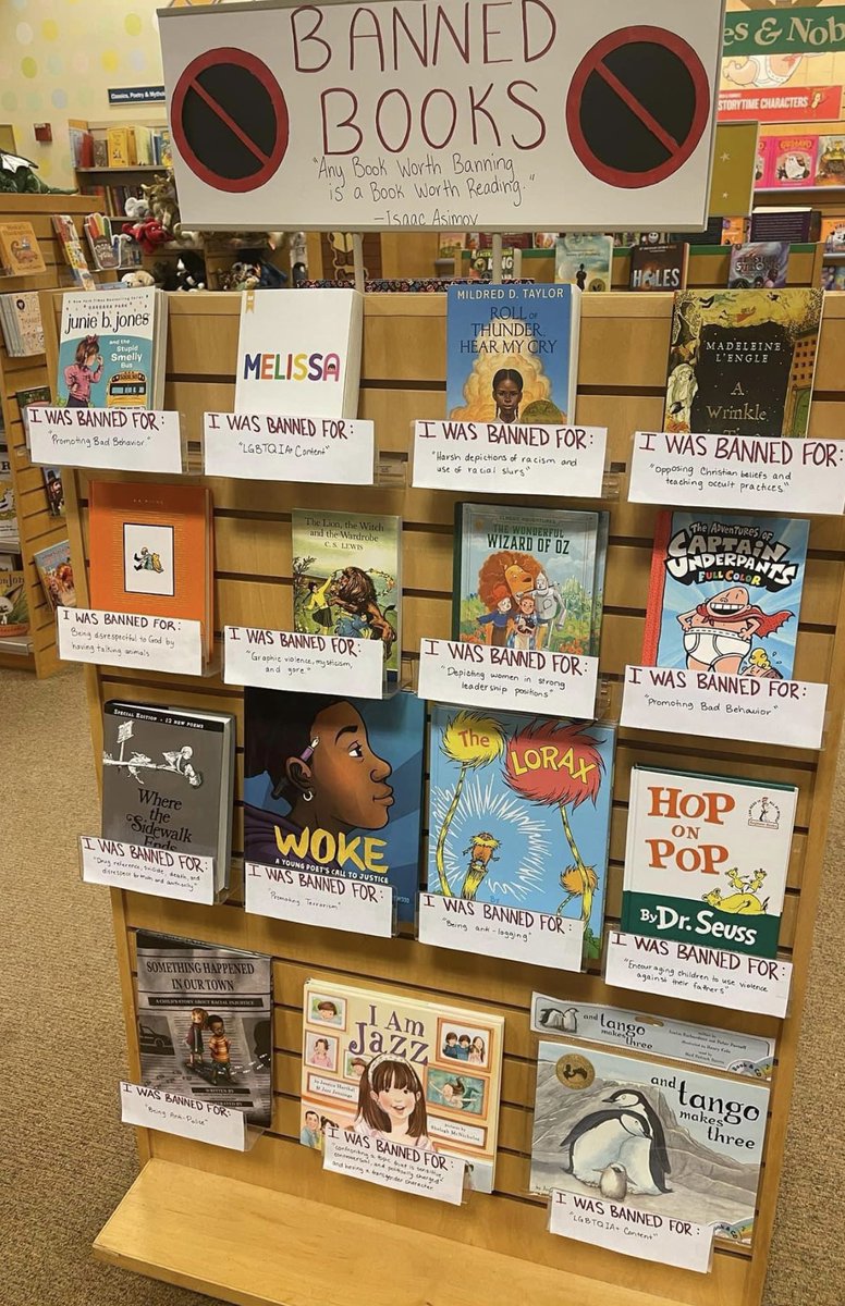 TamikaBartley's tweet photo. Anti-literacy laws for the enslaved prohibited teaching enslaved and free people of color to read or write.
It was another route to deny freedom. Banned books is a form of prohibition. When I look at this photo it makes me smile because “banned for…” is access to freedom. https://t.co/Rs4f0k18Rw