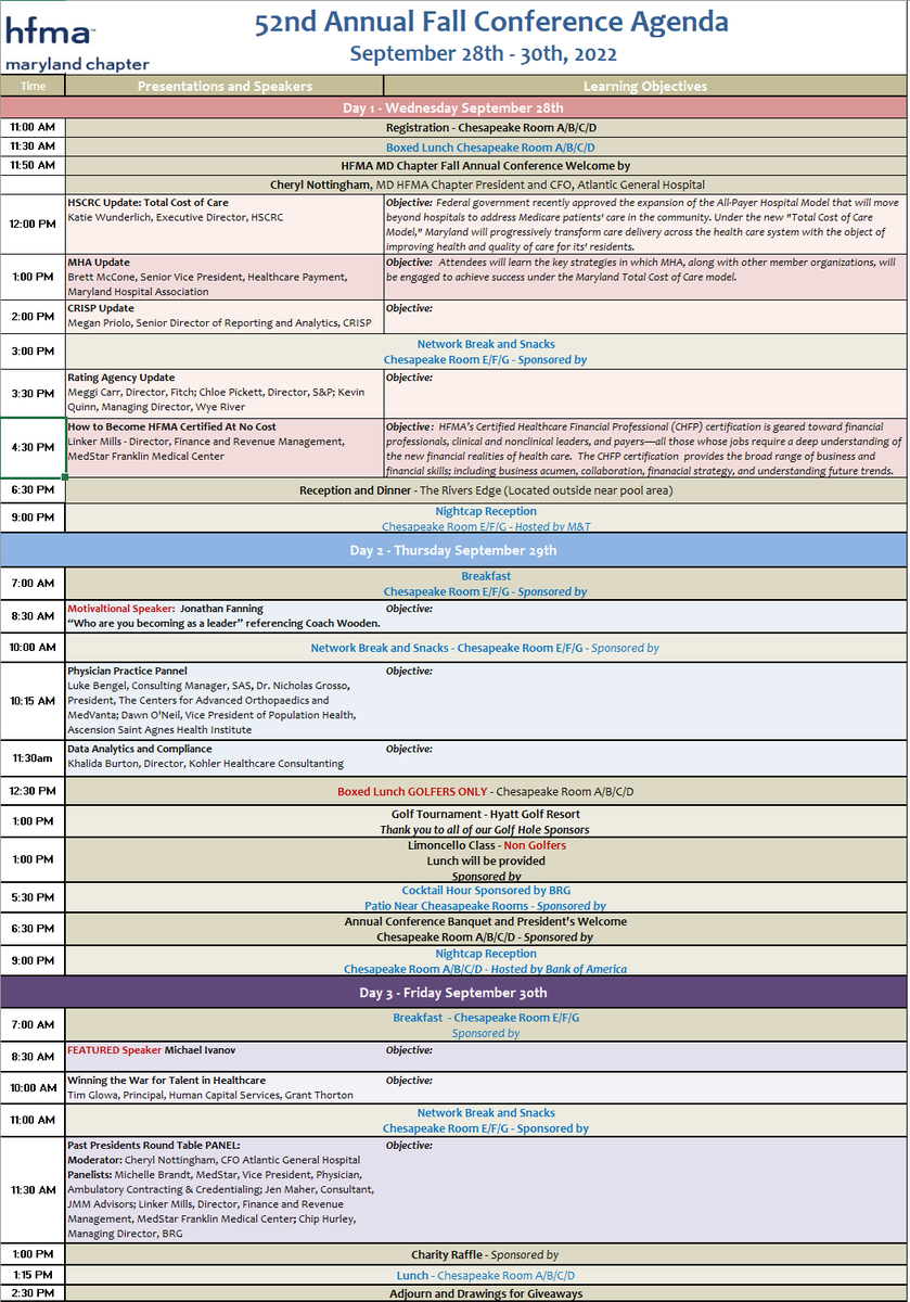 It's not too late to register for HFMA Maryland Chapters 2022 Fall Conference at the Chesapeake Hyatt in Cambridge, MD from September 28 - 30, 2022 and you can earn up to 15 CPEs.  To learn more visit: cvent.com/c/calendar/114…
