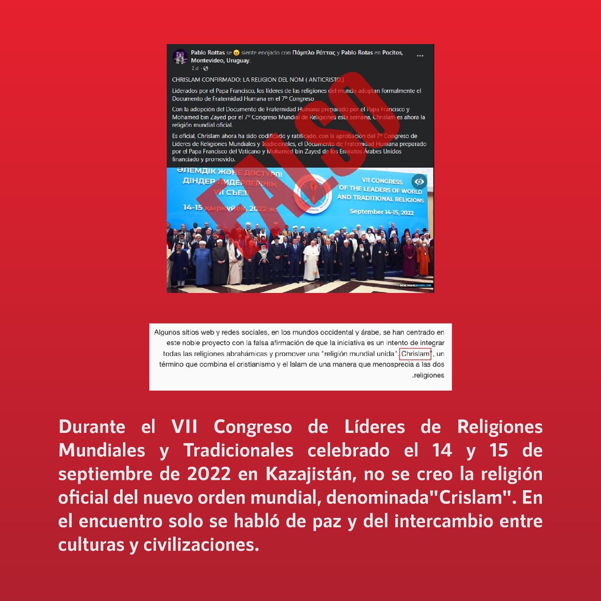 infodemiaMex's tweet photo. ❌Falso que el #cristianismo y el #islam se fusionaron para crear una nueva religión de orden mundial llamada #Crislam

✔️El "Crislam" no fue creado, ni mencionado durante el VII Congreso de Líderes de Religiones Mundiales y Tradicionales, en Kazajístan

👉https://t.co/rT75F1LqqG https://t.co/r96K3RLL0r