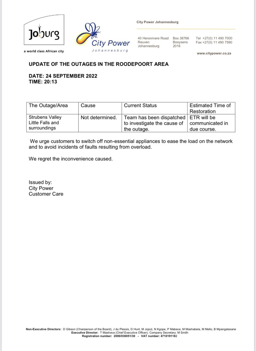 CityPowerJhb's tweet photo. #Roodepoort #JoburgUpdates
City Power operators have been dispatched to investigate the cause of this outage at #Strubensvalley and surroundings.^TM https://t.co/lh7vd6zFDx