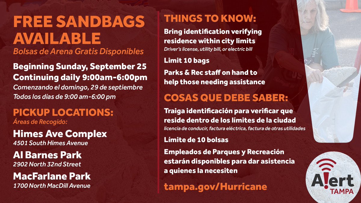 ⚠️ SANDBAGS ⚠️ 
As a precaution for #TropicalStormIan, the City of Tampa is opening sandbag locations 9AM - 6PM tomorrow (Sunday 9/25) at:

- Himes Ave Complex
- Al Barnes Park
- MacFarlane Park

Limit of 10 bags. 
More info coming soon. Visit: Tampa.gov/hurricane