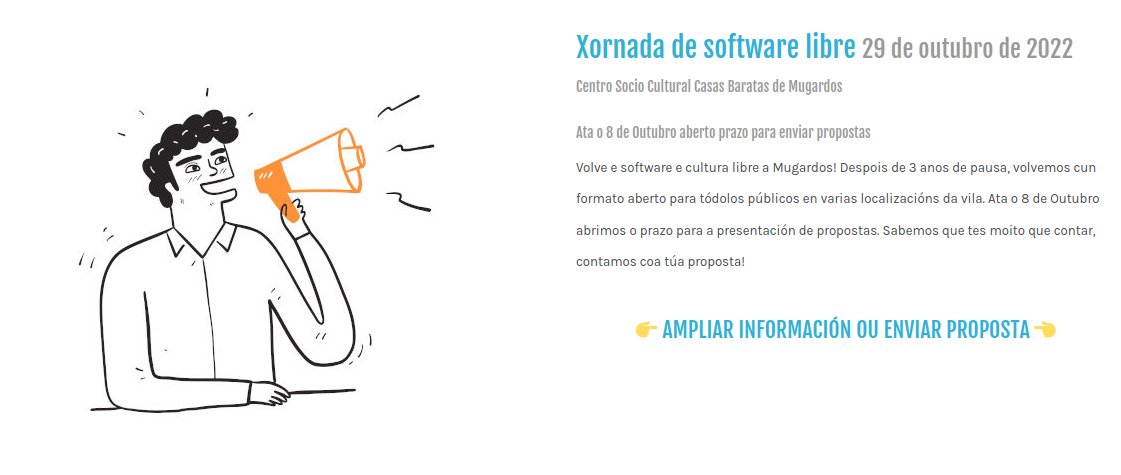 🌟Eiiiii! 💥 Abrimos xa o formulario de envío de propostas para Xornada de Software e Cultura Libre que celebraremos en #Mugardos o vindeiro 29 de Outubro. Envía a túa proposta 👇

comunidadeozulo.org/xornadas/2022

Axúdanos cun RT!