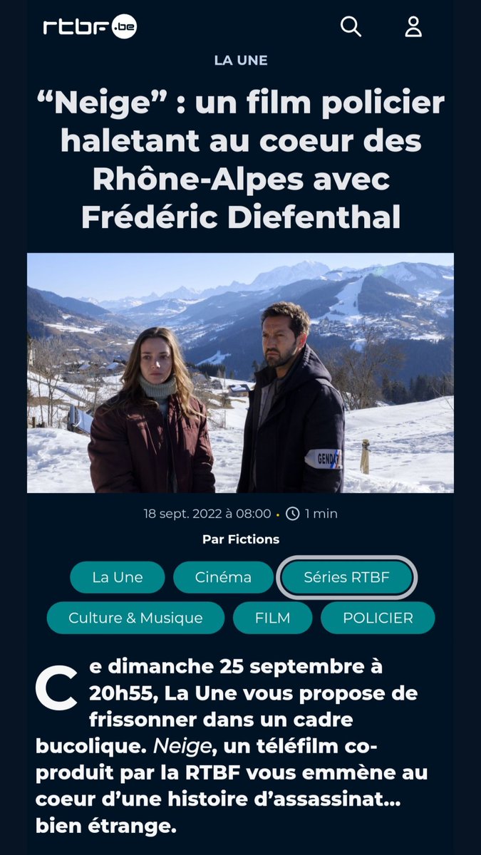 📺 #Neige: diffusion en Belgique ce dimanche 25/09 à 20h55 sur La une @rtbf 🇧🇪

Un unitaire écrit par Charlotte Canot et Thomas Benjamin, et réalisé par Laurent Tuel.
avec Frédéric Diefenthal, Murielle Huet des Aunay, Étienne Diallo, Marie Bouvet, Louis Bernard…

#polar #tvfilm