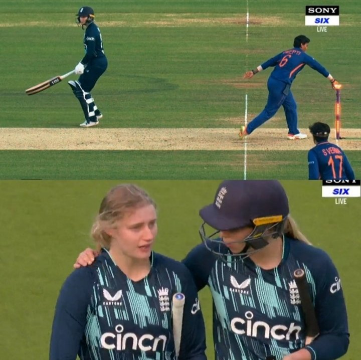 TarunSinghVerm1's tweet photo. When England won the 2019 World cup on boundary count, then English fans were saying if it's in the rule, it is fair. When Deepti Sharma runs out Dean at non strikers end, they are booing. If it's in the rule, it is fair. Simple. #ENGvsIND #DeeptiSharma #mankading #JhulanGoswami https://t.co/vdiHbnQ1UU