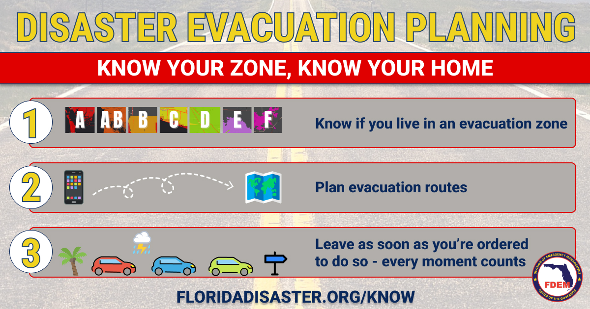 FLSERT's tweet image. 🌀 With potential impacts from #Ian next week, Floridians should take the time to learn if they live in an evacuation zone or flood-prone area. 

This can help with:
🗺 Mapping evacuation routes
🚨 Understanding orders from local officials

Learn more - FloridaDisaster.org/Know