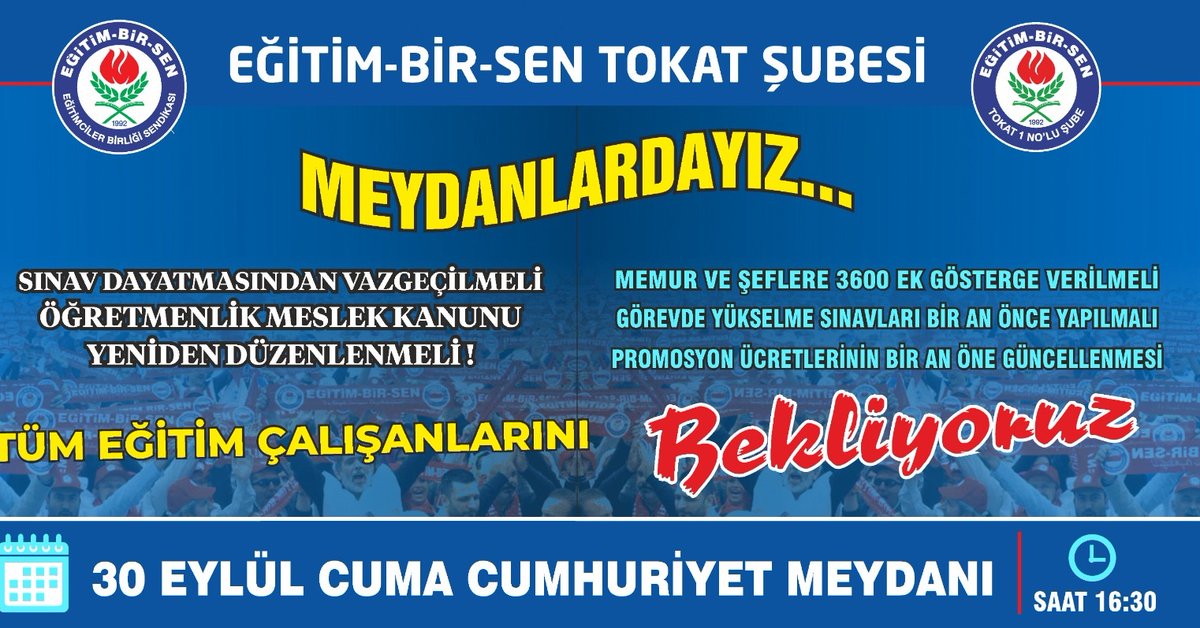 MEYDANLARDAYIZ 📢📢📢
TÜM EĞİTİM ÇALIŞANLARINI BEKLİYORUZ!
<a href="/_aliyalcin_/">Ali YALÇIN</a> <a href="/sabanceylan60/">Şaban Ceylan🇹🇷</a> <a href="/ailhan6001/">Abdurrahman ilhan</a> <a href="/stratejikoprulu/">Ayşe Köprülü🇹🇷🇹🇷</a> <a href="/haliskaya6060/">haliskaya1972</a> <a href="/BahriBAYIR/">Bahri BAYIR</a> <a href="/malideveli60/">Mehmet Ali Develi</a> <a href="/yakupgur60/">Yakup GÜR</a>