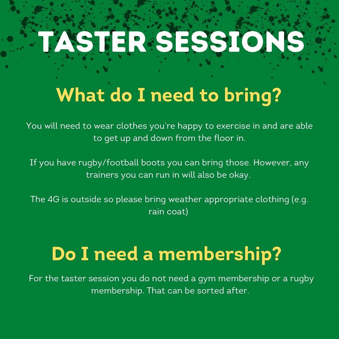 Interested in playing rugby? 

Come down to the welcome fair or the mens super bucs game and meet some of the club. 

If you’re wanting to try rugby or ready to get involved in the club please come along to our taster sessions. We would love to meet you 💚💛