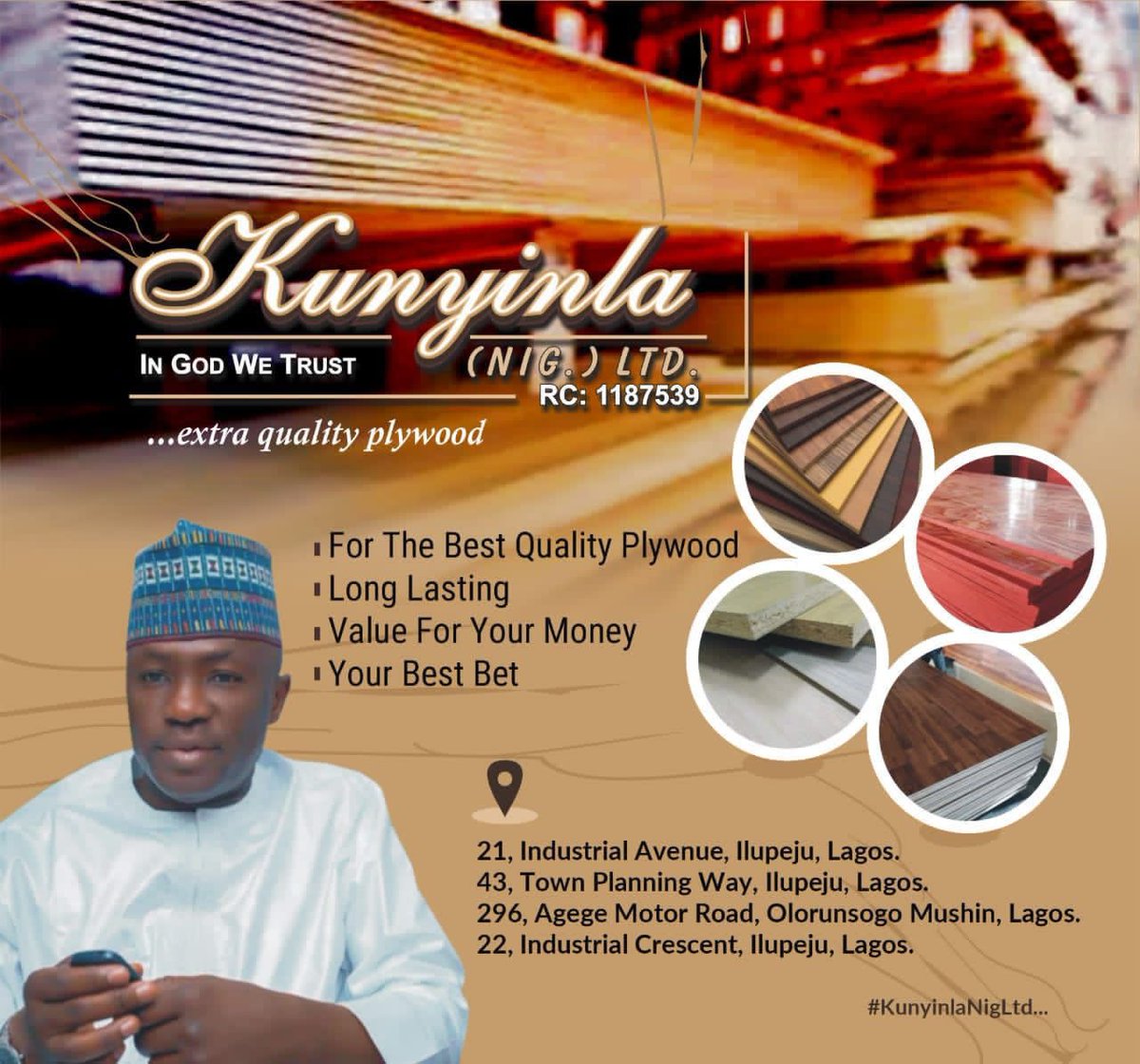 mojisola_7's tweet photo. For the best quality Plywood 

Long lasting 

Value for your money 

Kunyinla Nigeria limited is your best bet 

#KUNYINLANIGLTD
#KUNYINLANIGLTD
#KUNYINLANIGLTD https://t.co/eZds7IqM8K