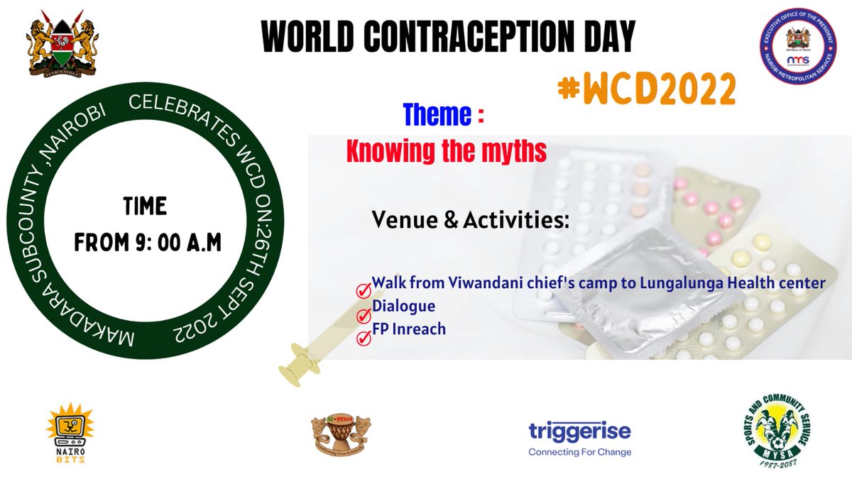 WORLD CONTRACEPTION DAY
Theme: Know Your Myths
#WCD2022
@aphrc @hivorosa @PlanKenya @MOH_Kenya 
#YouthContraceptionKE 
@Oayouthkenya @Nairobits @icrhk_official @MarieStopesKe 

Join us at U-Tena's Youth friendly center Lungalunga.

Know Your Options

Access contraceptives