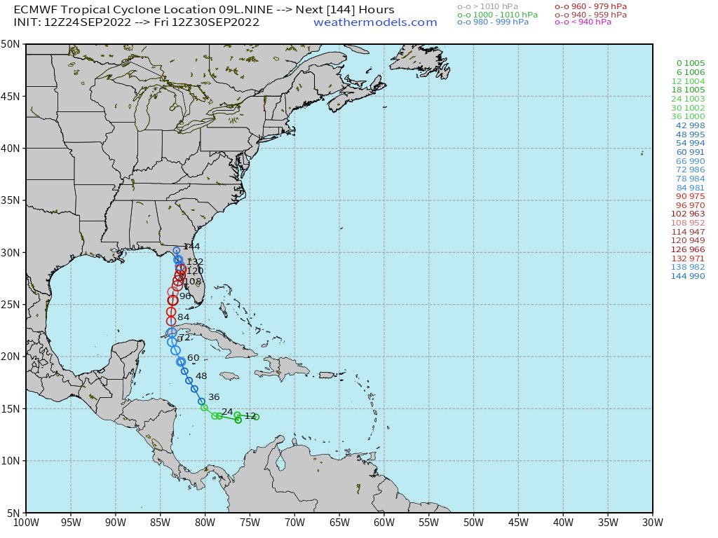 RyanWeather's tweet photo. No decision was made on #TropicalStormIan to change the track w/ECMWF or Euro model at 12z consistent with NHC 11 AM advisory.  The parallel track to FL peninsula is maddening! 
#TropicalUpdate https://t.co/XFulxhaBKg