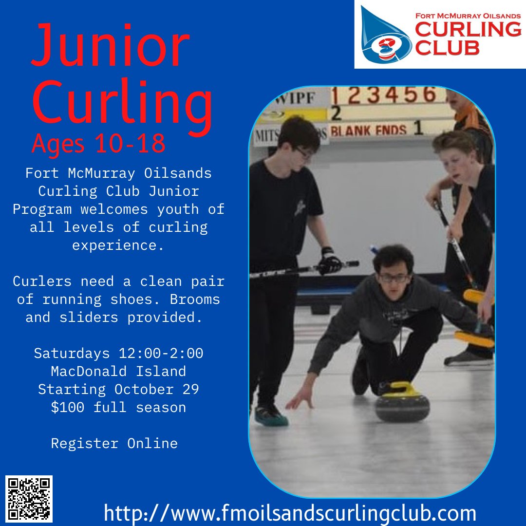 MerrieRae's tweet photo. Fort McMurray Oilsands Curling Club Junior Curling Registration is now open! $100 per curler for the season. If your child is looking for a new sport to try, consider curling. Saturdays 12:00-1:00, MacIsland. #ymm #ymmcurls @FMOCC https://t.co/R0fy99s6he
