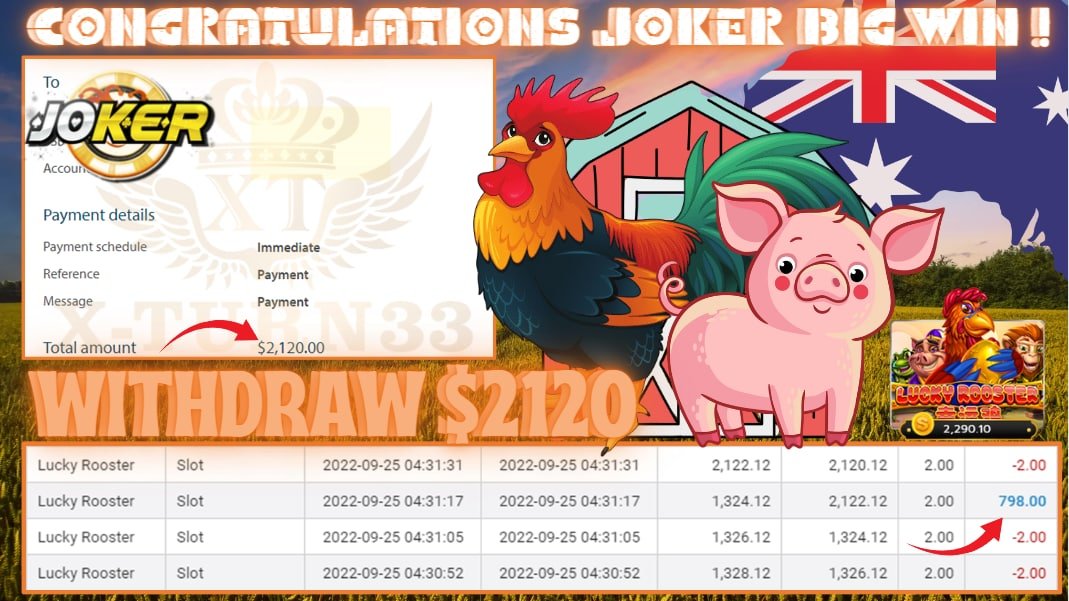 Xturn33's tweet photo. Congratulation To Player Get BIG WIN ❗️❗️❗️

🎮Product : JOKER
🎰Game Tips : LUCKY ROOSTER
💵Withdraw :  AUD 2120

► Player Deposit AUD 132
► Player Make Withdraw AUD 2120

Lowest Offers In Market  
Low Bonus Low Risk High Return

Find Us On
https://t.co/0Sx6INttad https://t.co/rwyaqWnE5s
