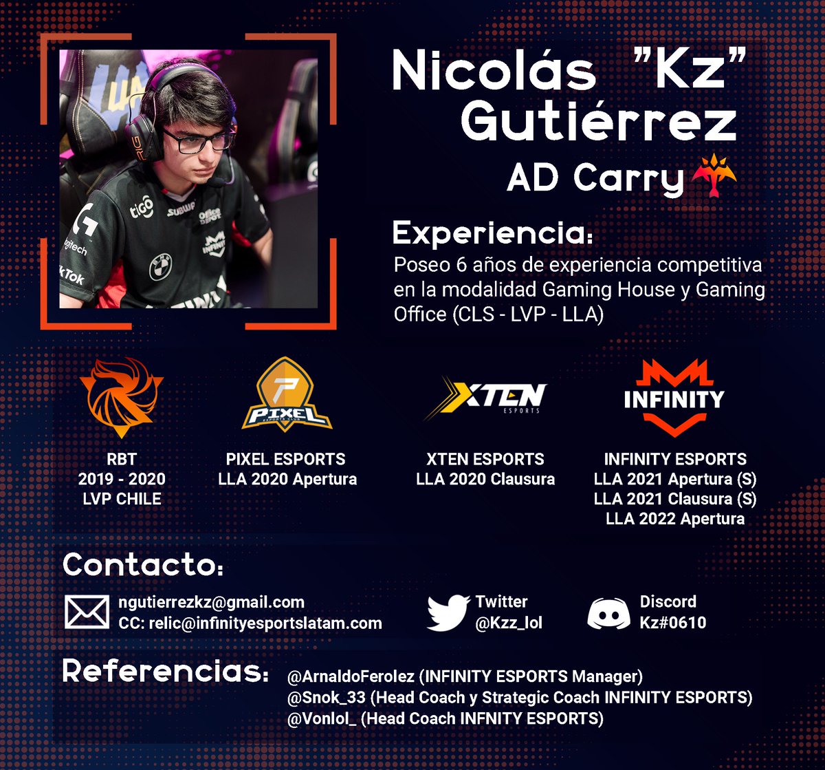 Que tal gente, tras un split sin competir quiero informar que sigo bajo contrato con <a href="/InFinitye_sport/">INFINITY 🚀</a> pero estoy autorizado a buscar ofertas para el 2023.
Pueden contactarme vía MD o algunos de los medios indicados ⬇️ (cc:relic@infinityesportslatam.com)
Agradezco difusión/RT