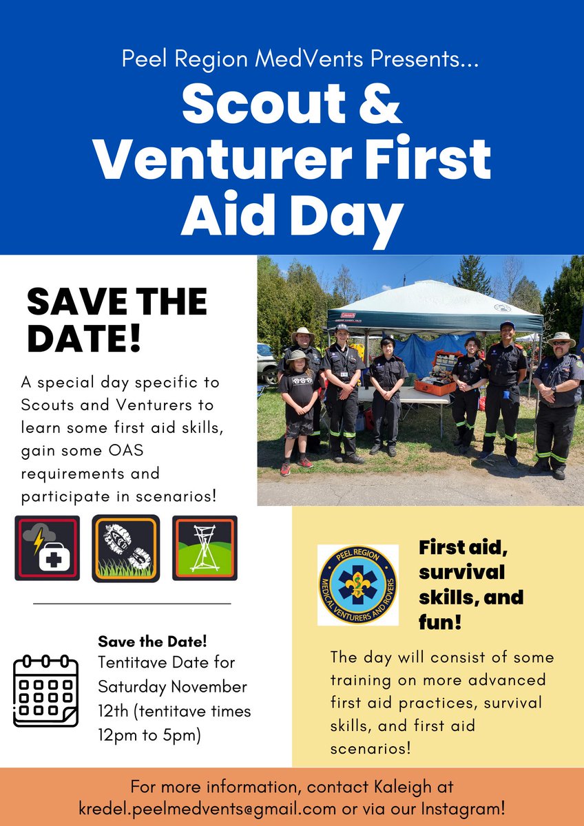 Save the date for our first ever Scout &amp; Venturer First Aid Day! 🩹🩺

Open to any and all Scout and Venturer groups in Central Escarpment! <a href="/CECScouts/">CEC Scouts Canada</a> ⚜️

🗓 Tentatively booked for November 12th from 12-5pm!  

#scoutsdostuff #medventsdostuff #medvents #medventsrock #scoutscanada