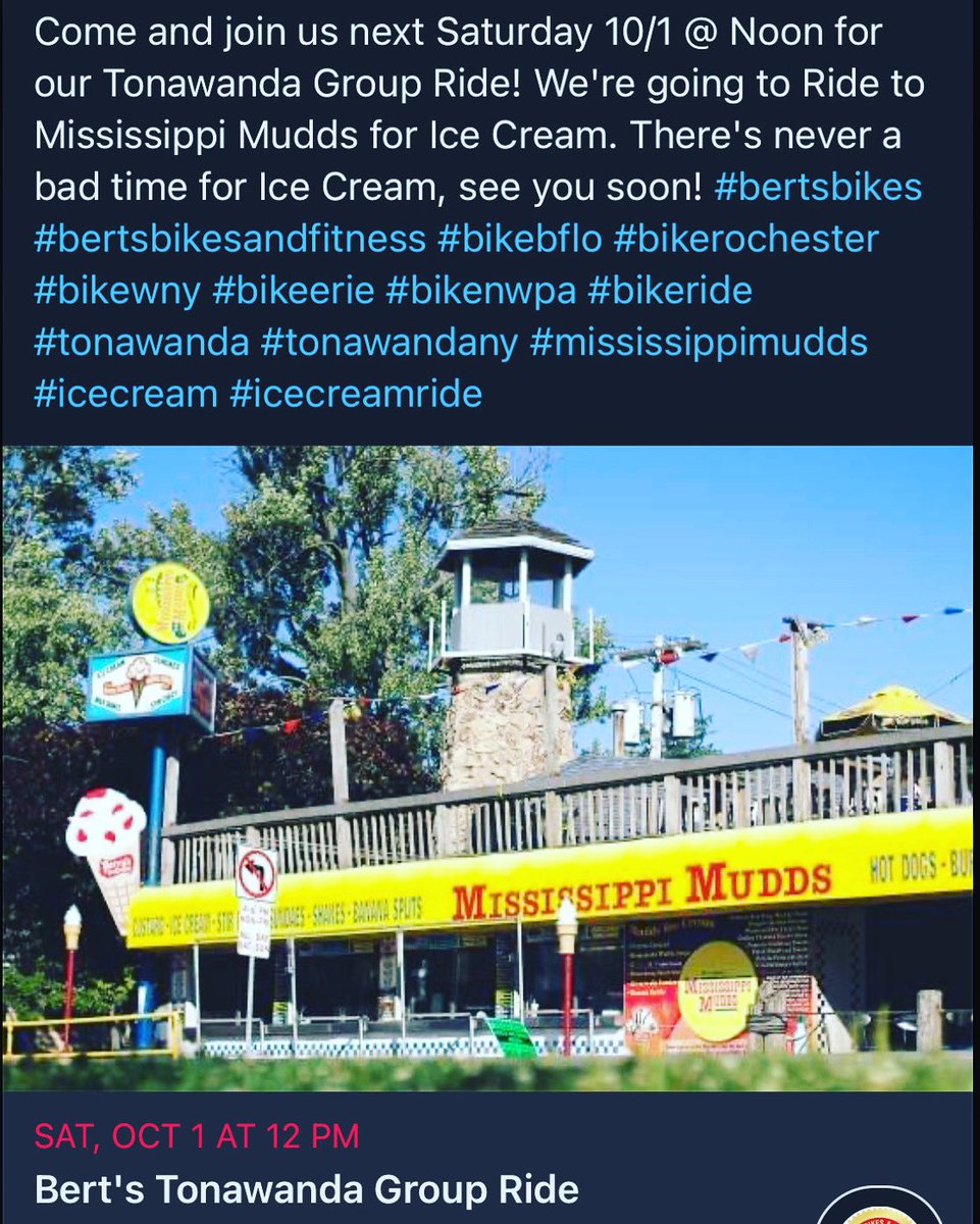 BertsBikes's tweet photo. Come and join us next Saturday 10/1 @ Noon for our Tonawanda Group Ride! We're going to Ride to Mississippi Mudds for Ice Cream. There's never a bad time for Ice Cream, see you soon! #bertsbikes #bertsbikesandfitness #bikebflo #bikerochester #bikewny #bikeerie #bikenwpa https://t.co/RBCdbH1bTf