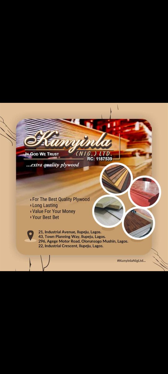 quadri_balqees's tweet photo. For the best quality Plywood 

Long lasting 

Value for your money 

Kunyinla Nigeria limited is your best bet 

#KUNYINLANIGLTD
#MYPRESIDENT
#TUNDE
#ROOM1
#NIGERIANAIR https://t.co/WYxI9iZCDd