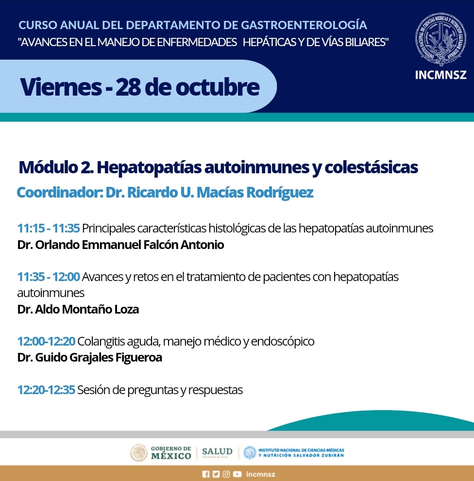 CursoGastro's tweet photo. 🔵Conoce nuestro programa 

Módulo 2: Hepatopatías autoinmunes y colestásicas

Módulo multidisciplinario

Información e inscripciones en: https://t.co/L5QX1Mnzyk

 #CursoGastroINCMNSZ https://t.co/s9OxGPAn8X