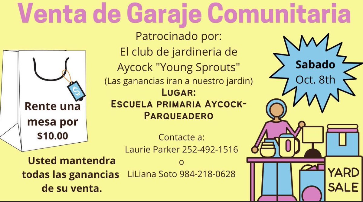 ⭐️ Mark your calendar: our <a href="/AYCOCKSCHOOL/">Aycock Elem School</a> Community Yard Sale will be on October 8th to benefit our Garden Club. Rent a table for $10 and keep all money from your sales! Call us to reserve your table!
