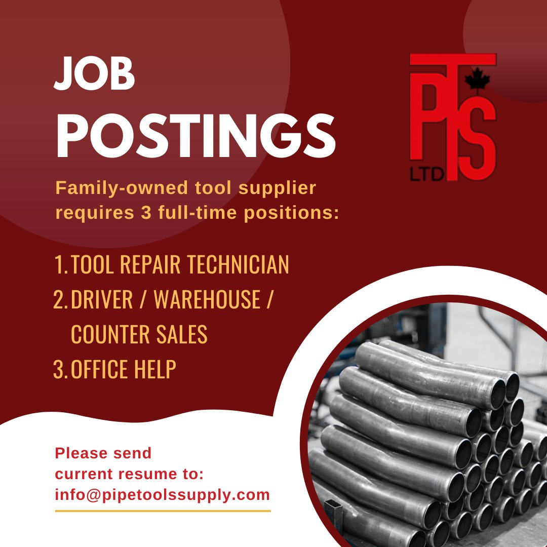 Job posting - Family-owned tool supplier requires 3 full-time positions:

emeryvillagebia.ca/job/family-own…

Send resume to: info@pipetoolssupply.com