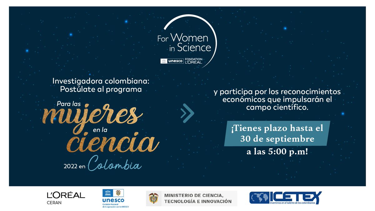 MincienciasCo's tweet photo. 👩‍🔬#ParaLasMujeresEnLaCiencia  I Si haces parte de nuestras científicas colombianas, llegó el momento de participar en la convocatoria "Para las Mujeres en la Ciencia 2022.

Conoce los requisitos e inscríbete  📲https://t.co/sGSPciQ0rd #CienciaParaLaVida https://t.co/LivC0XOs66